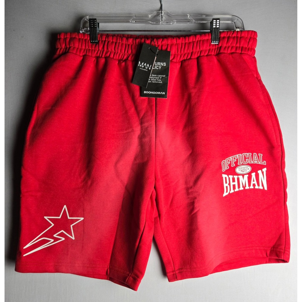 BoohooMAN Mens Red Graphic Sweat Shorts Official BHMAN Star Fleece Size L NWT